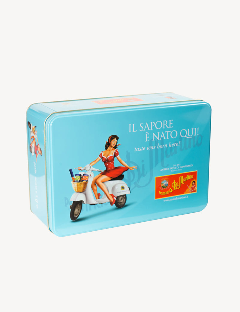 Turquoise tin box with pin-up (classic shapes) Pasta Buy & Shop Online