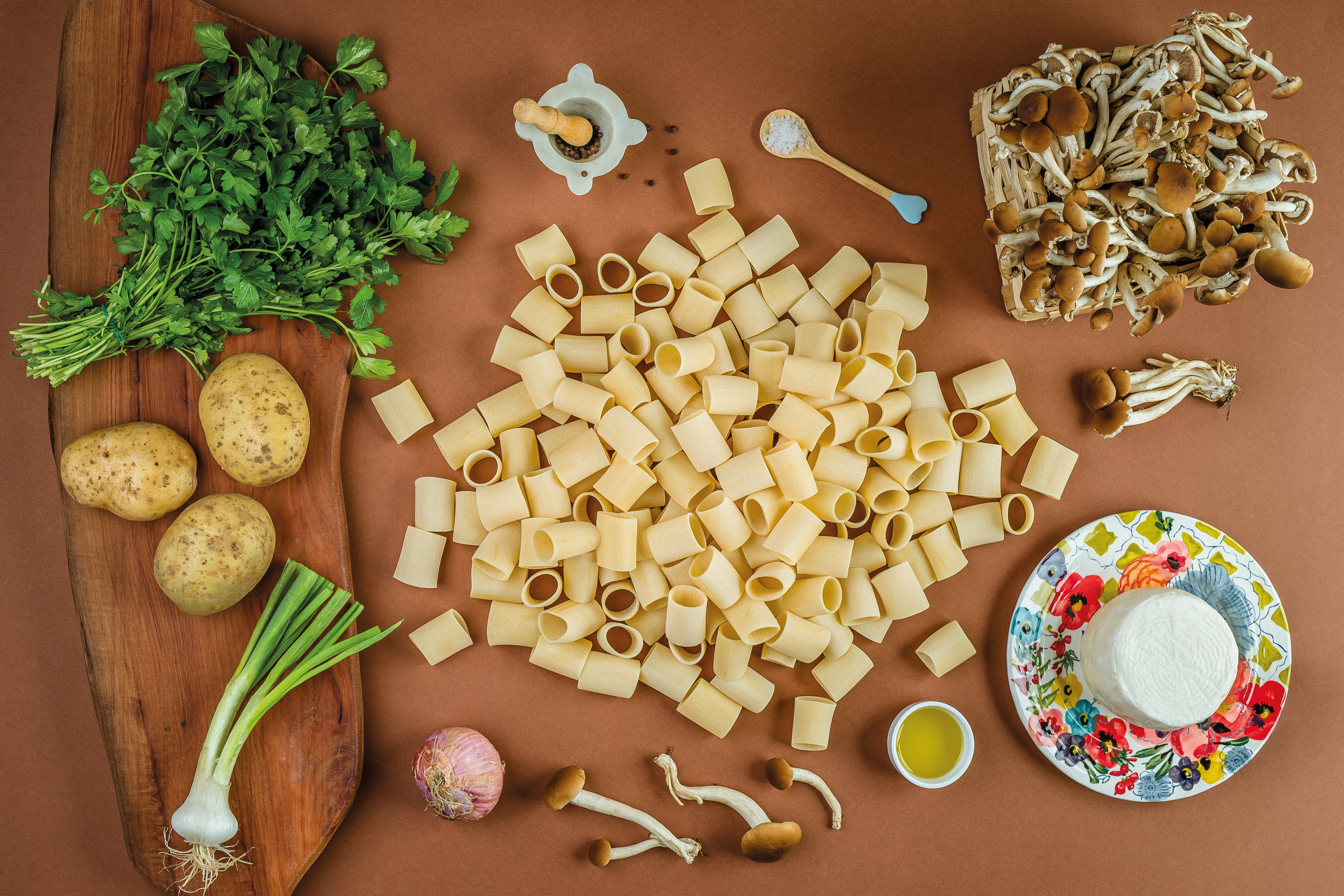Mezzi Paccheri with mushrooms, potatoes and ricotta cheese