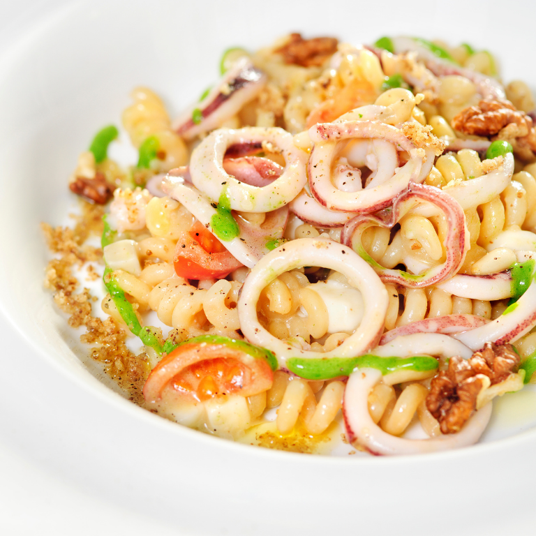 Sylt Fish Ragou Fusilli Corti col Buco in fish squid ragout, smoked provola from Monti ...
