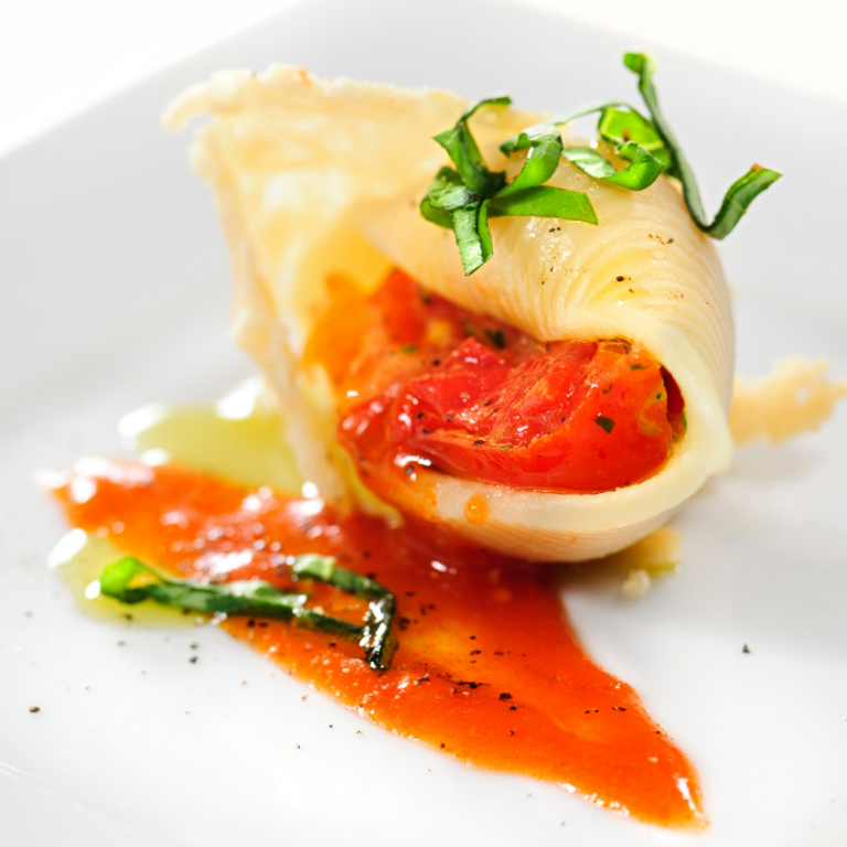 Conchiglione with fresh cherry tomatoes, basil and Parmesan crisp