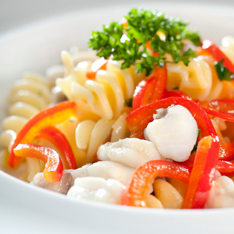 Eliche Giganti with monkfish and red peppers
