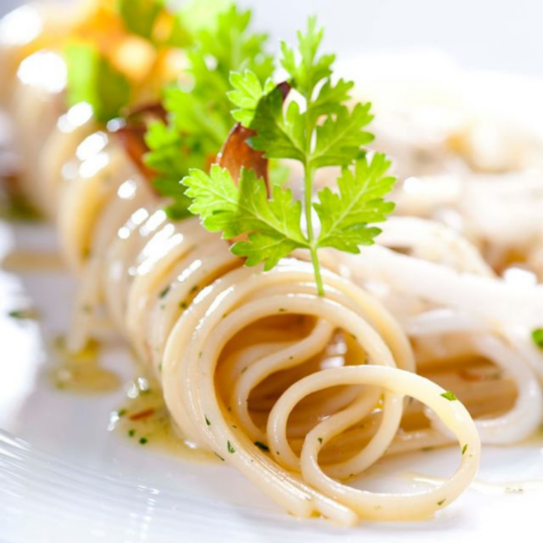 Linguine with garlic, oil and chilli with roasted baby cuttlefish