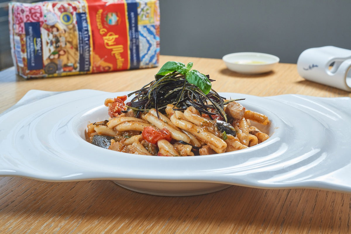 Fusillata Casareccia with swordfish and aubergines