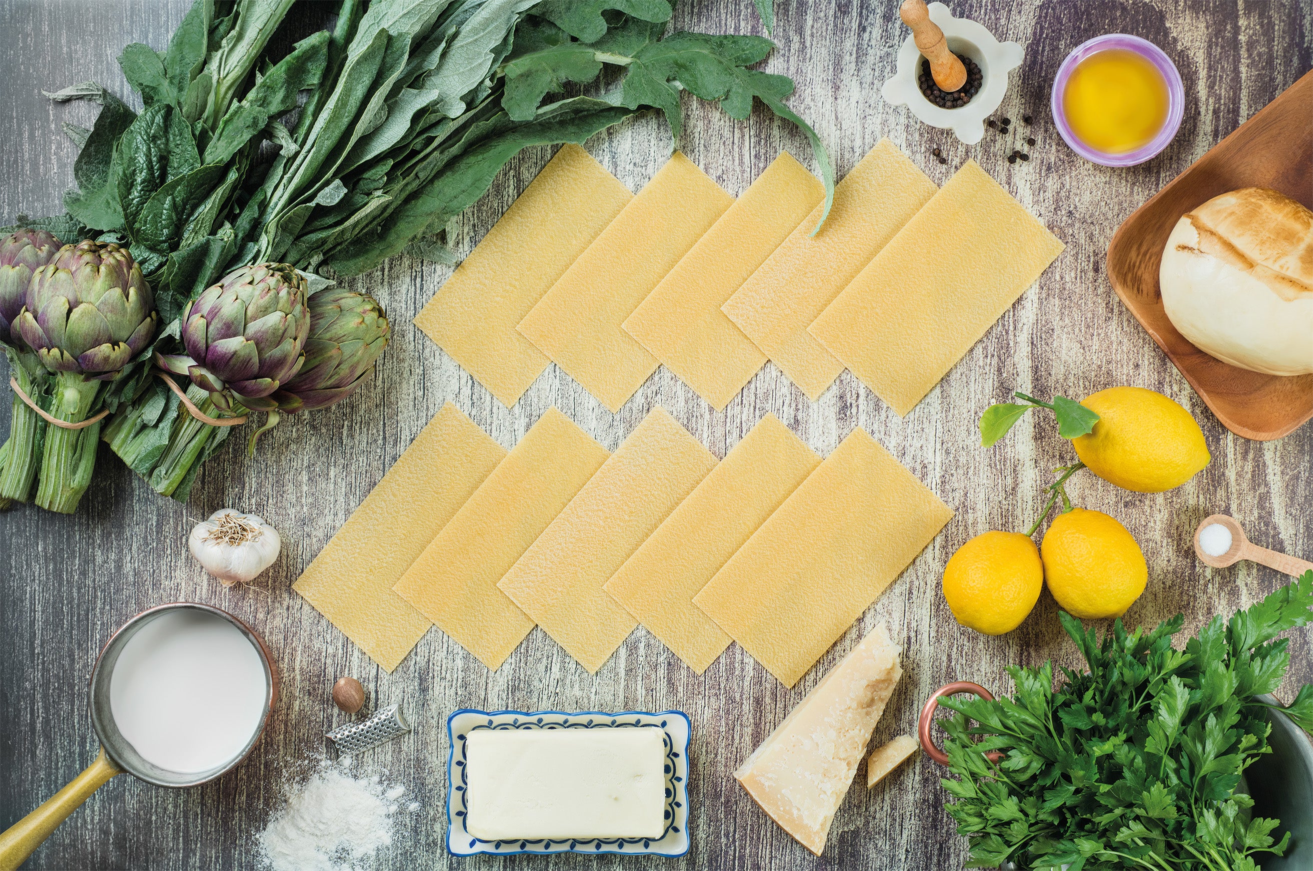 Lasagne with béchamel, provola, Parmigiano and artichokes