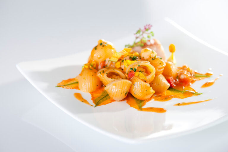 Lumaconi with scorpion fish and courgette flowers