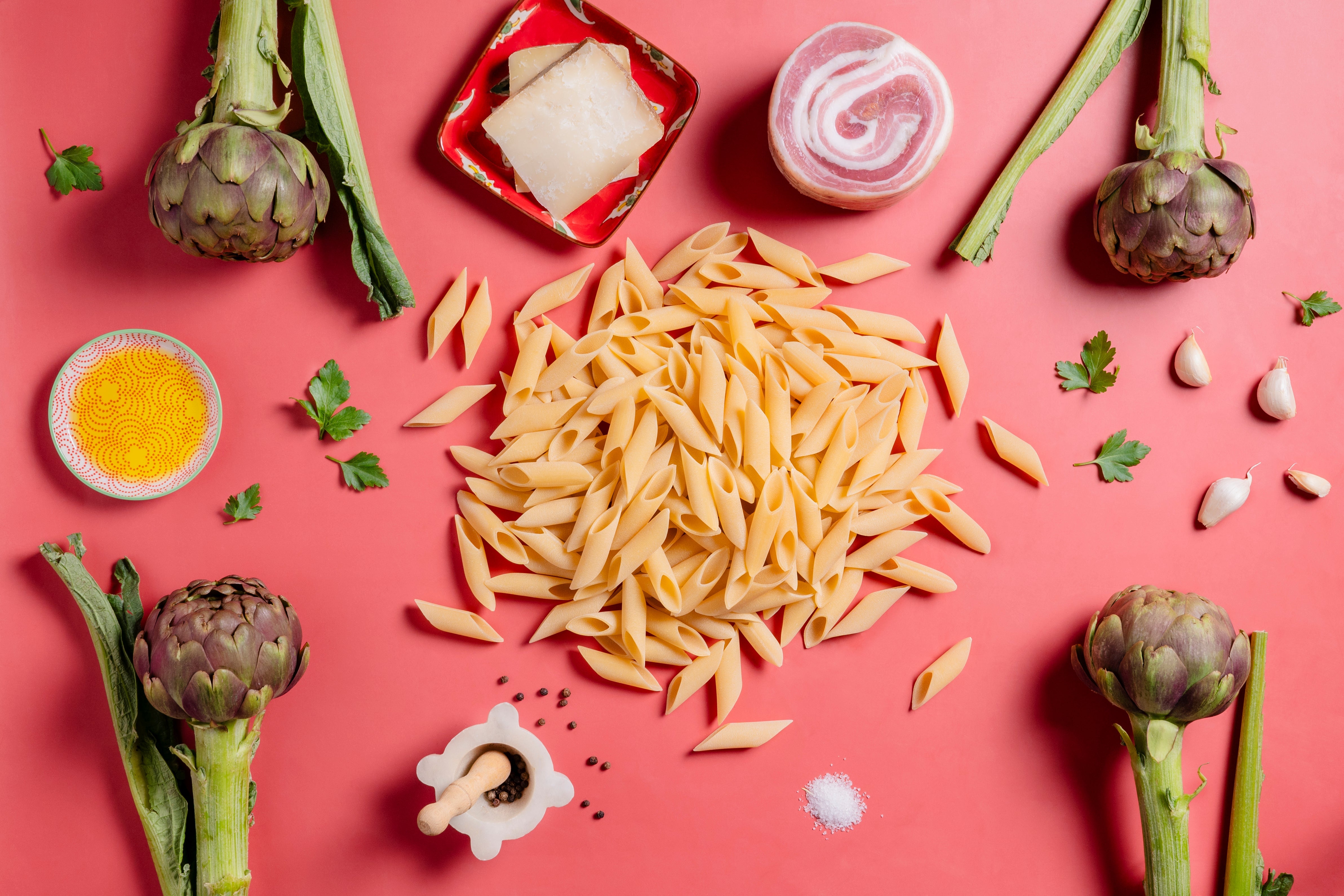 Penne a Candela with artichokes, rolled pancetta and Sardinian Pecorino