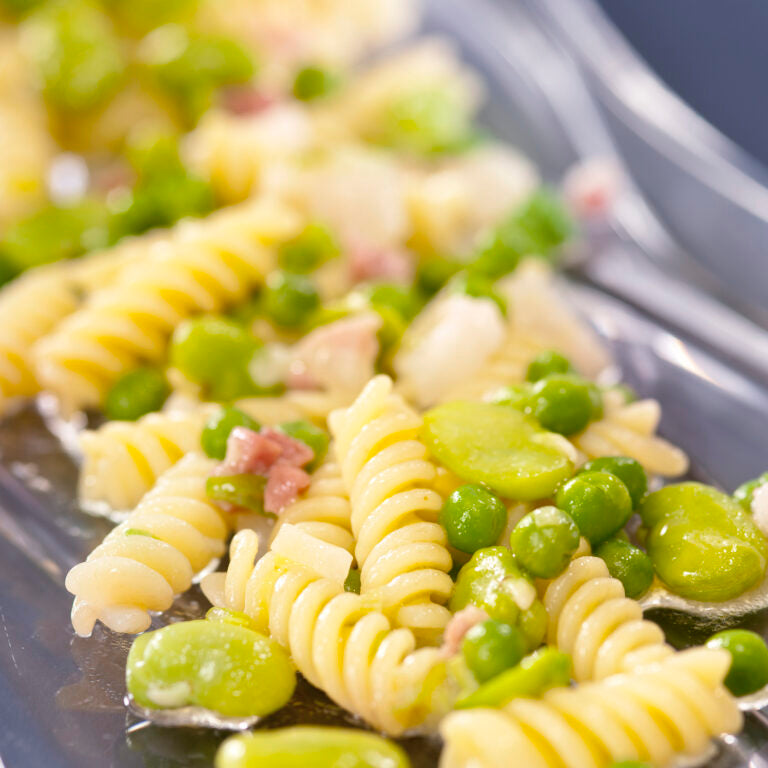 Tortiglioni with peas, broad bean, spring onion and guanciale