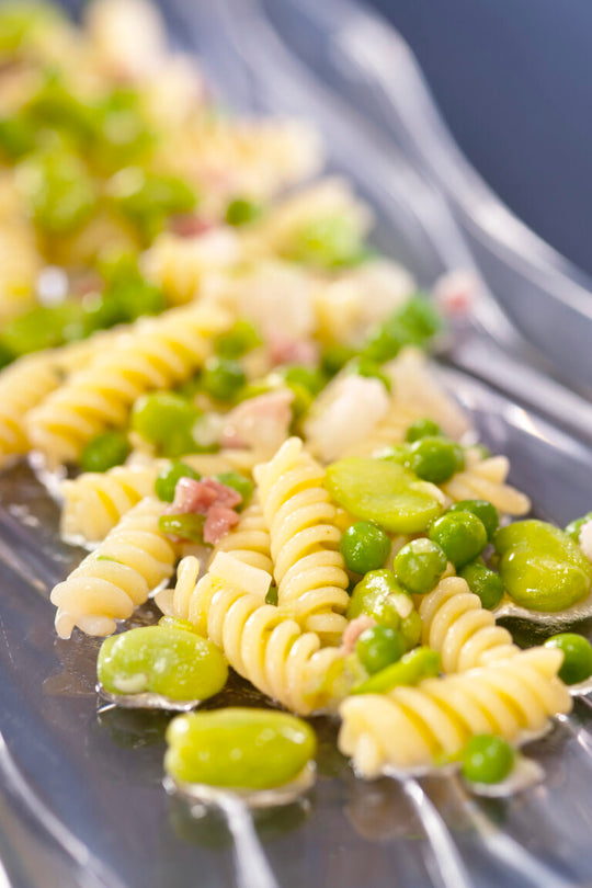 Tortiglioni with peas, broad bean, spring onion and guanciale