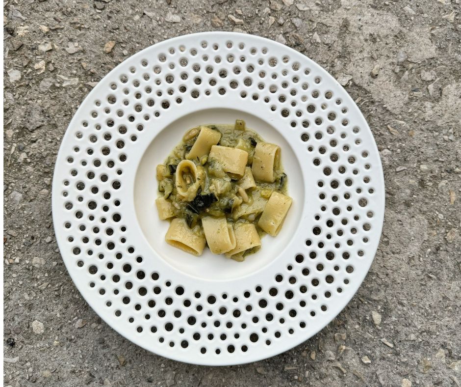 Calamarata with zucchini, basil and pine nut pesto by Chef Alessio Da Prato
