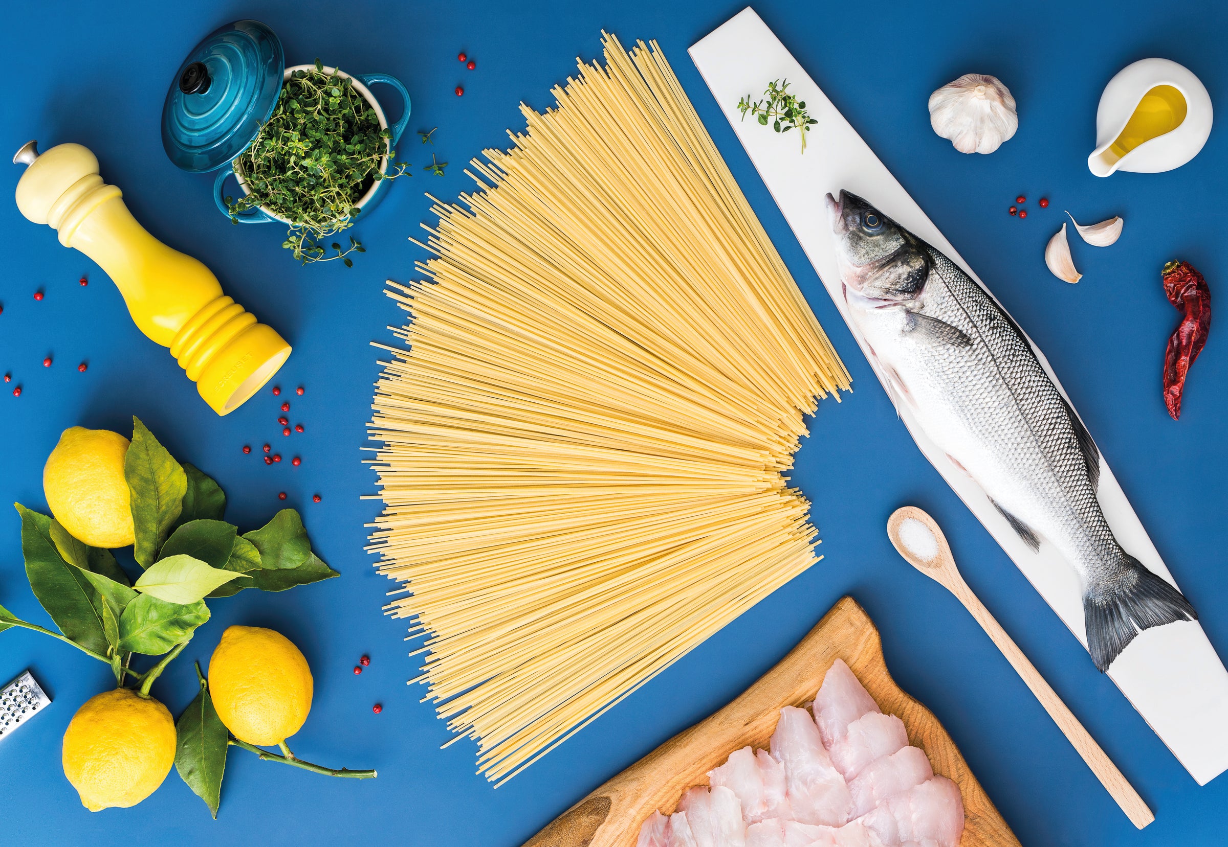 Linguine with raw and cooked sea bass