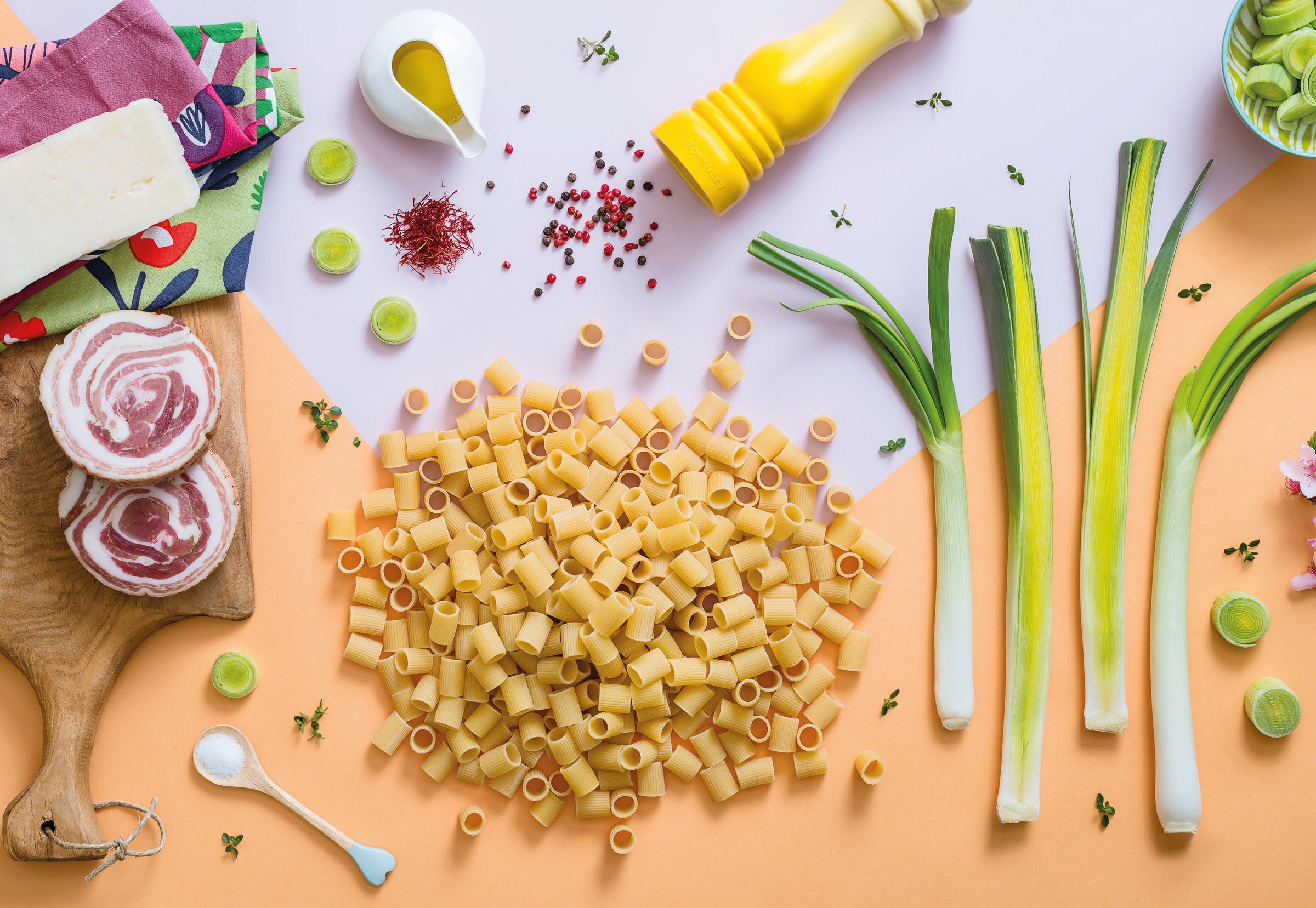 Mezzi Rigatoni with leek, bacon and saffron